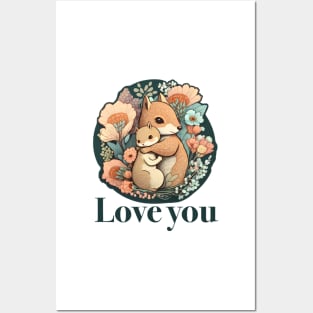 Mother and Baby Squirrel Embracing in Flowers Garden Love you Posters and Art